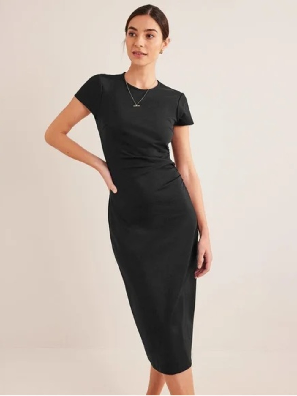 Boden Black Short-Sleeve Midi Dress Side Ruched US Sz 16/18